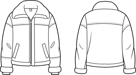 CAD drawing flat vector illustration of stylish winter jacket, front and back view, apparel design, fashion template, garment sketch