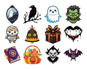 Set of spooky cartoon Halloween icons with a black cat, pumpkin, witch, bat, ghost, and spider illustrations