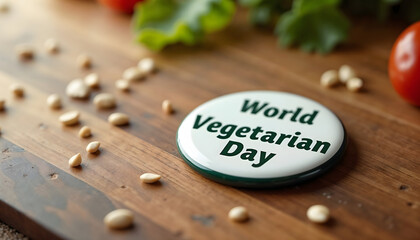 World Vegetarian Day badge on wooden surface with vegetables scattered  