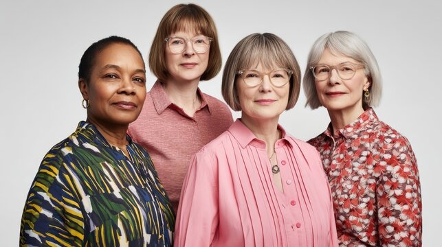 Group of four diverse women, each with unique hairstyles and outfits, standing together in a studio setting, showcasing friendship and empowerment among different generations