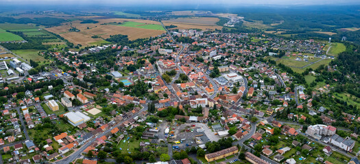 Aerial view of the city Nové Strašecí in the czech Republic on a rainy summer day.