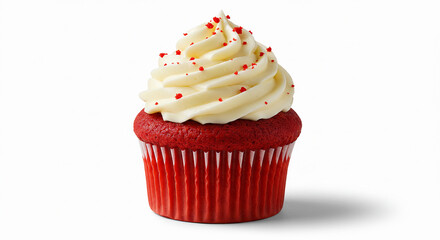 Red velvet cupcake with frosting on white background.