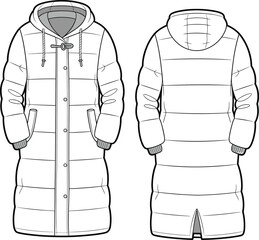 Flat vector CAD drawing of long hooded padded puffer coat, front and back views, warm winter fashion outerwear illustration design © Bokul Creatives