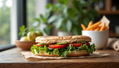 Open vegan pita sandwich with hummus and vegetables on wooden table  