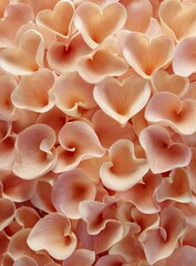 Peach flower petals, close-up, heart shapes, textured background, wedding decor