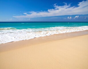 Fototapeta premium Beautiful tropical beach with gentle turquoise waves washing over smooth golden sand, creating a peaceful and minimal coastal scene. Ideal for summer, travel, and relaxation themes