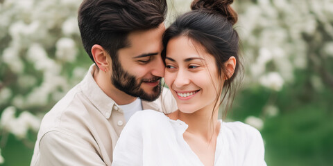 Fototapeta premium Young caucasian couple enjoying a romantic spring day outdoors