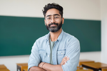 Confident young asian male teacher in classroom setting with blackboard