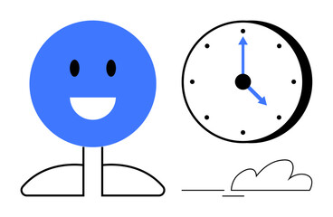 Blue smiling face beside a clock with minute and hour hands. Simplistic elements and clear lines. Ideal for time management, productivity, punctuality, routine, scheduling, optimism, simplicity