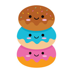 Three cute kawaii donuts stacked together with happy faces and colorful icing isolated on white background