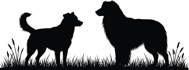 Silhouette of two dogs standing on grass, pet scene, natural environment, canine friendship, outdoor animals, peaceful moment, black vector