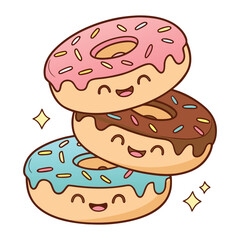 Three adorable kawaii donuts stacked on top of each other with happy faces and colorful sprinkles isolated on white background