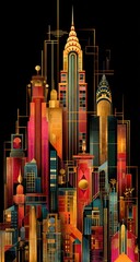 Obraz premium Art Deco Cityscape at Night Illustrative, vertical poster