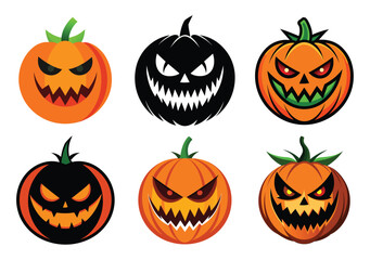 Halloween pumpkin set with spooky and funny faces in autumn style
