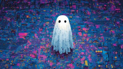 Ghost hovering over futuristic motherboard circuit board