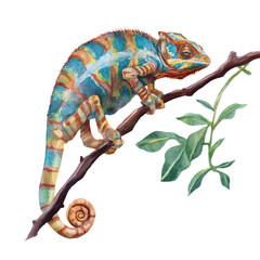 Obraz premium Watercolor animal illustration, watercolor illustration of a colorful chameleon with blue, orange, and yellow patterns, perched on a tree branch with green leaves, isolated on transparent background