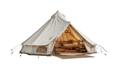 Glamping experience camping site tent setup nature retreat daytime isolated on transparent background, png