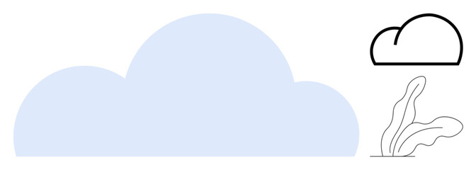 Large pastel cloud and stylized plant complement outlined cloud element. Ideal for weather, minimalism, connection, creativity, eco themes, serenity, abstract art. Perfect for a simple flat metaphor