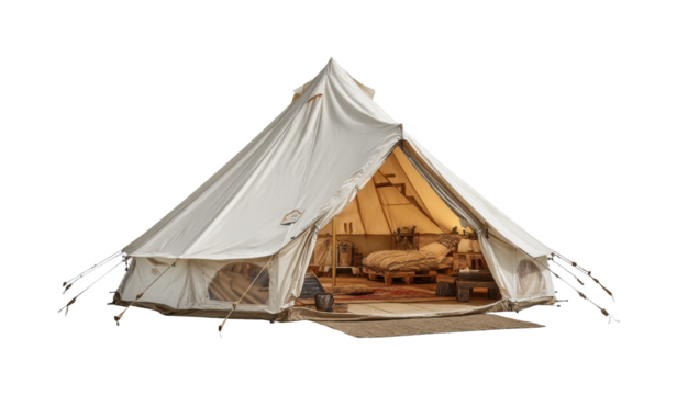Glamping experience camping site tent setup nature retreat daytime isolated on transparent background, png
