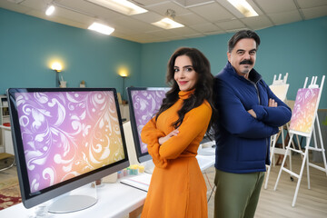 Two teachers engage in online art workshop with vibrant digital designs displayed on monitors. Modern studio setting filled with easels and art supplies