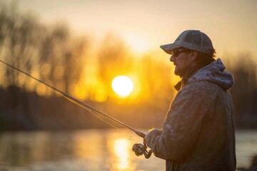 A man in casual attire, wearing sunglasses and a hat, is fishing by the lake at sunset He is holding his fishing rod with one hand while using the other to cast the line into the water Generative AI
