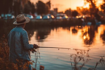 a man fishing on the lake at sunset, wearing a sun hat and casual He is holding his fishing rod with one hand while looking out over the calm water in the background Generative AI
