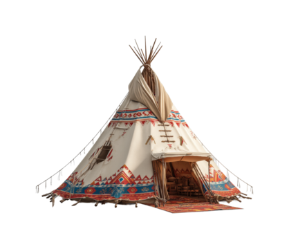 Cultural gathering in a vibrant teepee native american heritage outdoors isolated on transparent background, png