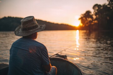 a man fishing in the lake at sunset, wearing a sun hat and t-shirt Generative AI