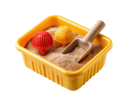 Children playing in sandbox with toys beach fun isolated on transparent background, png