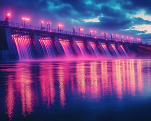 A bright dam glowing with energy monitors as engineers assess its structural and energy output efficiency