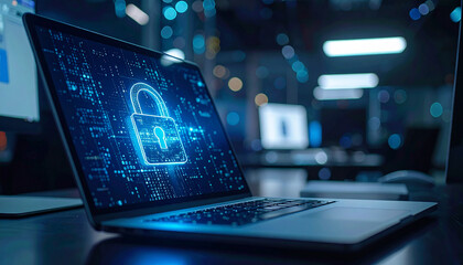 Glowing digital blue padlock on laptop screen in dark office. Cybersecurity and tech concept