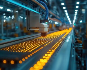 A bright factory floor glowing with productive workers, reflecting the economic strength of the industry