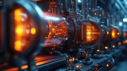 A bright factory glowing with synchronized automation, engineers observing seamless operations with satisfaction