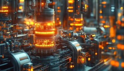 A bright factory where glowing devices ensure perfect synchronization of tools and machinery