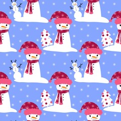 Christmas cartoon ice seamless snowman pattern for wrapping paper and fabrics