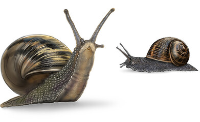 Garden snails isolated on a transparent background, showing its coiled shell and textured body in clear detail.