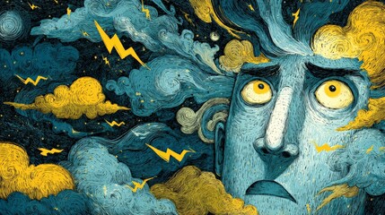 Worried man experiencing anxiety and stress with storm clouds and lightning in his head