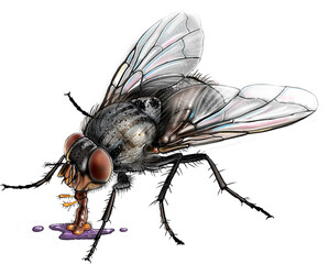 Housefly on food regurgitating digestive enzymes, a common behavior used to liquefy solid food before ingestion.