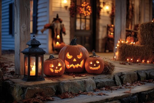 Halloween pumpkin decoration with carved jack-o'-lanterns and a lantern, creating a spooky and festive atmosphere on a porch with hay bales and festive lights.