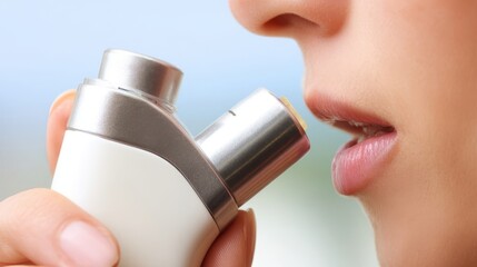 Close-up of a young woman using an inhaler for asthma relief, demonstrating proper technique and focus on health management in a bright outdoor setting