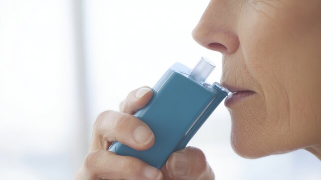 Close-up of a mature woman using a blue inhaler for asthma relief, demonstrating the importance of respiratory health and personal care in a bright indoor environment