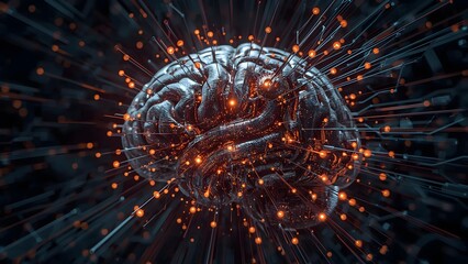 Futuristic brain network with glowing connections and data flow