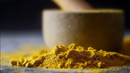 Vibrant yellow turmeric powder is artfully arranged on a textured surface, with a rustic stone bowl in the background, showcasing the essence of culinary spices and natural ingredients
