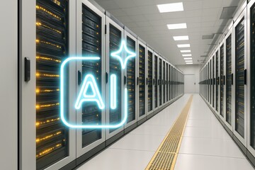 ai icon, futuristic data center with glowing server racks and advanced cloud computing infrastructure, cloud and ai neon icon, perfect for fine tuning and data science ad