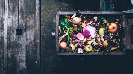 Wooden drawer filled with assorted organic waste, including vegetable scraps fruit peels of composting and sustainable practices in food waste management