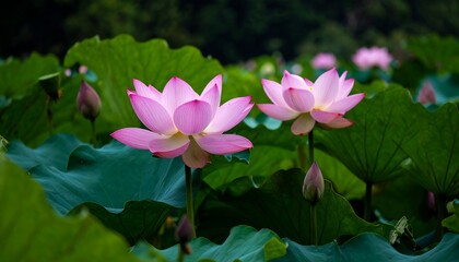 Pink lotus flowers in pond
