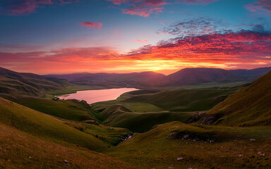 Orange and Pink Sunset Over a Valley Between Hills and Lake