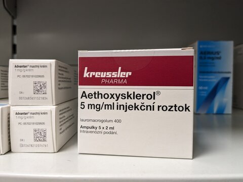 Prague,Czech Republic-May 6 2025: Aethoxysklerol polidocanol injection from Kreussler Pharma for sclerotherapy use