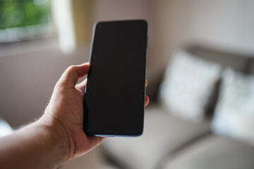 Man holding smartphone with blank screen in living room