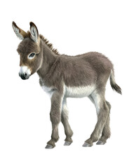 Watercolor animal illustration, adorable baby donkey foal standing isolated on transparent background